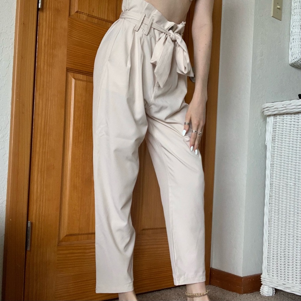Cream Pleated Paper Bag Waist Trousers